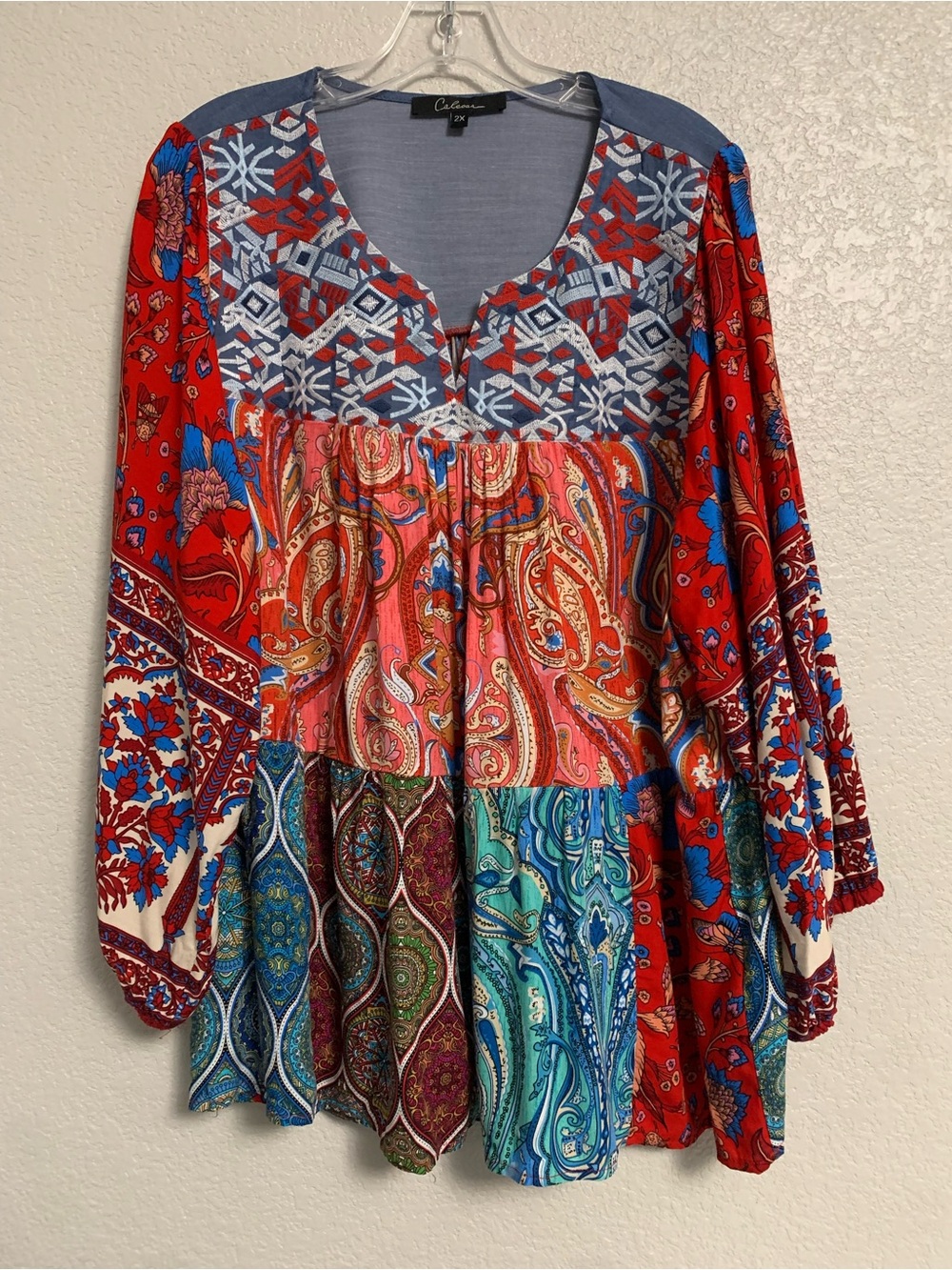 Calessa Top Womens 2X Boho Embroidered Patchwork Tiered Floral Paisley Artsy